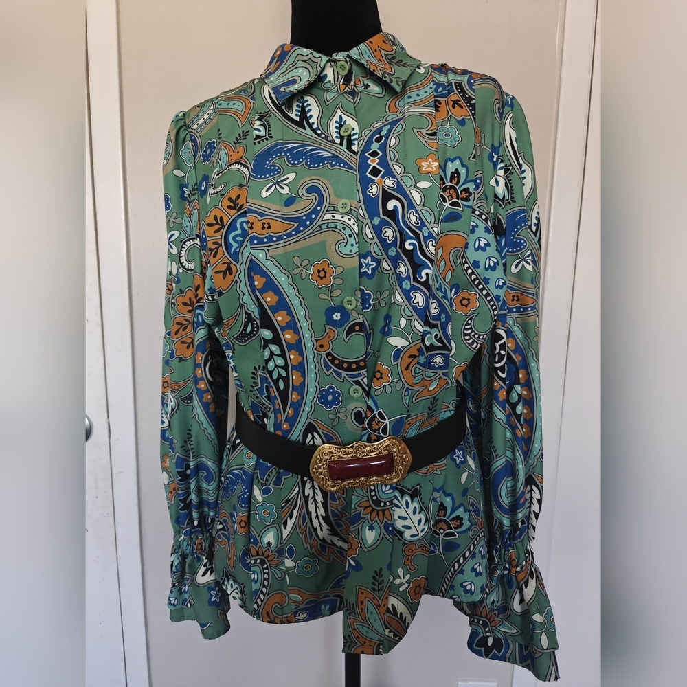 Green Paisley Print Blouse Victorian Puff Sleeve XL Collared EUC